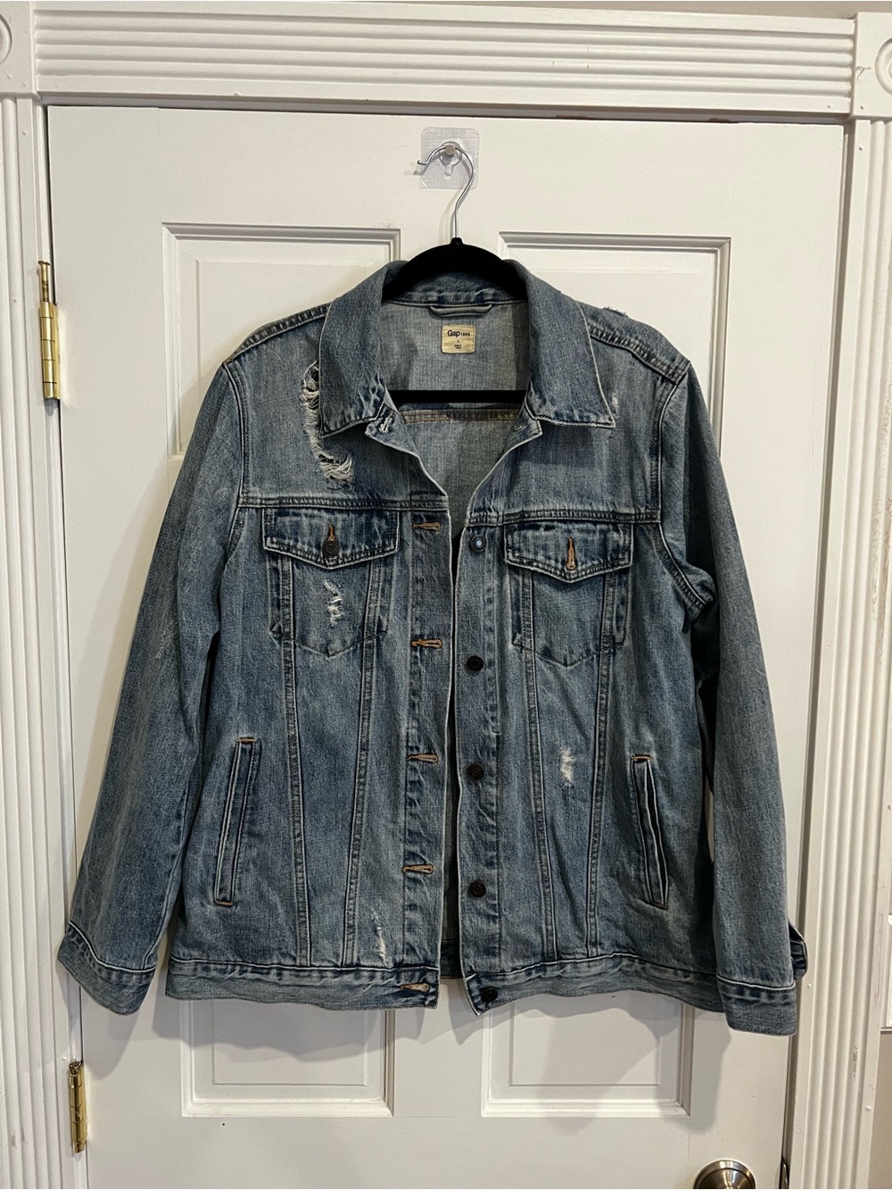 GAP Light Blue Distressed Denim Jacket Size L
